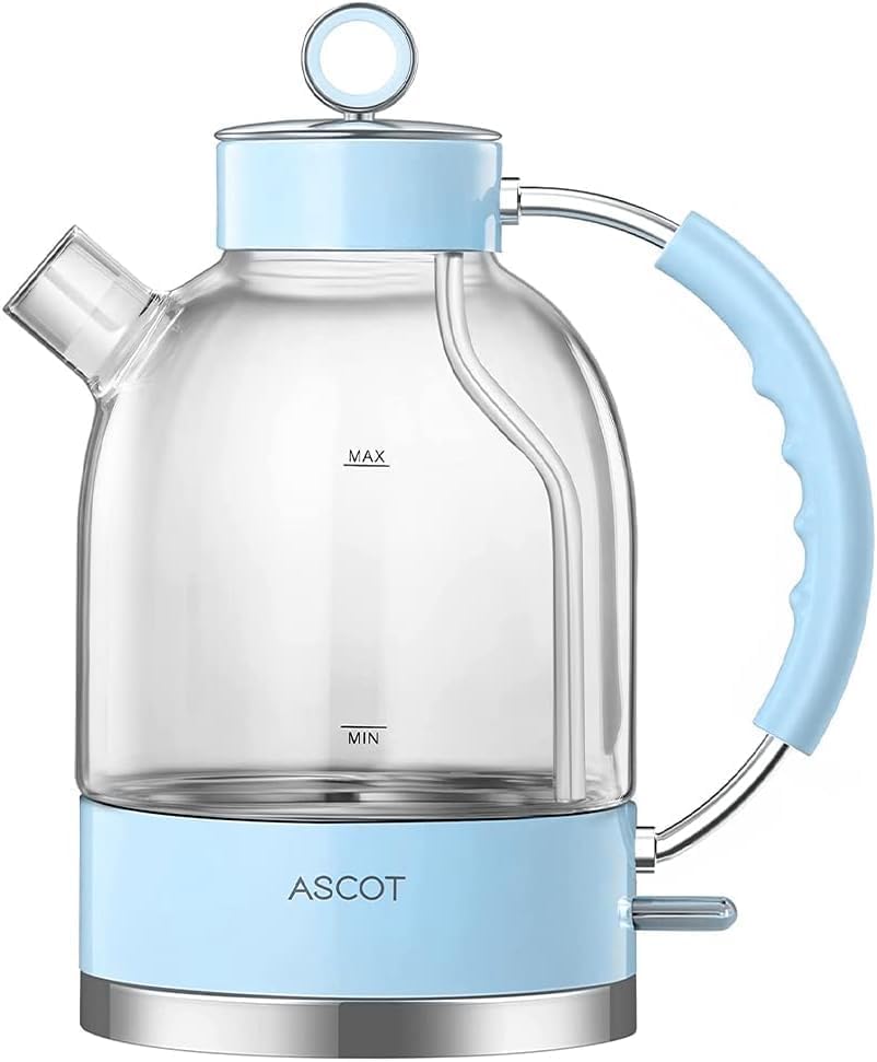 ASCOT Electric Kettle, Glass Electric Tea Kettle Gifts for Men/Women/Family 1.6L 1500W Borosilicate Glass Tea Heater, with Auto Shut-Off and Boil-Dry Protection (Blue)