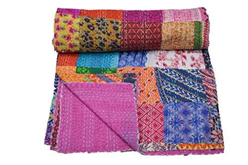 YUVANCRAFTS Indian Kantha Quilt Pure Cotton Patch Work Traditional Print Queen Quilt Blanket Bedspreads Throw Vintage Handmade