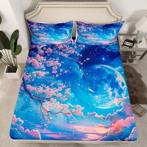 Drap-housse fleurs de cerisier rose pour grand lit Manfei