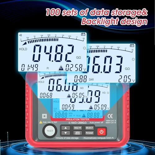 Image of Megohmmeter, 250V-2500V Output Voltage Insulation Tester, 1MΩ-200GΩ Ohm Meter Multimeter, Grounding Tester with 100 Groups of Data Storage