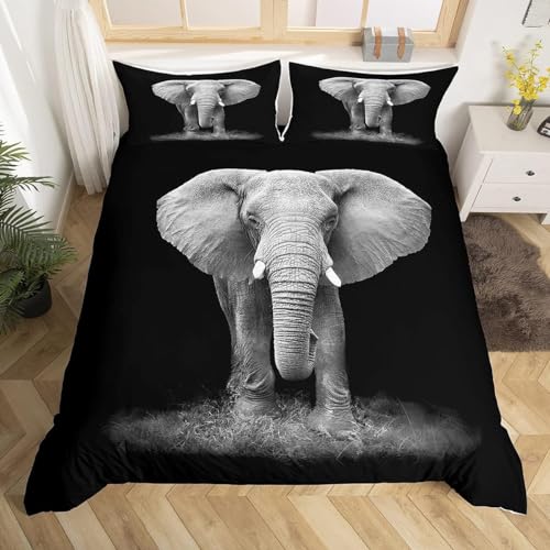 Homemissing Éléphant Housse de Couette Animaux Sauvages et 3D Vif décor Animal Noir Gris Housse de Couette 140x200cm avec 1 taies d'oreiller Fermeture à...
