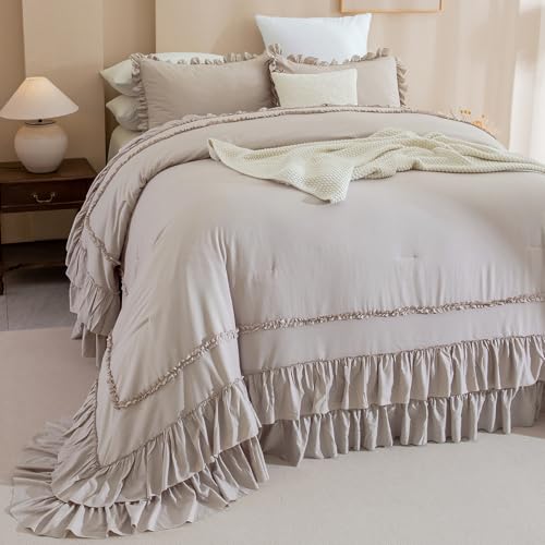 Image of QSH Taupe Oversized California King Ruffled Bed Comforter Set 128x120, Farmhouse Vintage Chic Comforter French Country Shabby Bedding Comforter Soft Microfiber Fluffy Bedding 3 PCs