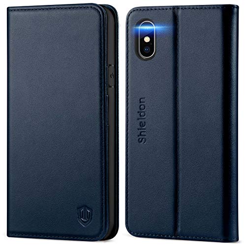 SHIELDON iPhone Xs Case, Genuine Leather Wallet Case Auto Sleep Wake Folio Cover Stand Feature Magnetic Protective Case with Card Slot + Side Pocket Compatible with iPhone Xs - Navy Blue