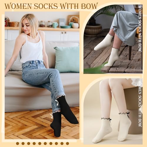 6 Pairs Womens Bow Socks Ruffle Casual Crew Socks Cute Black White Soft Breathable Cotton Frilly Ankle Socks2