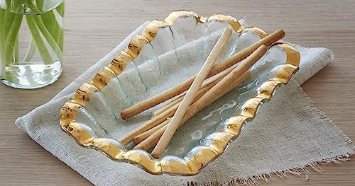 Annieglass Ruffle 11.25 x 7 Inch Rectangular Bowl with 24k Gold, Timeless Glass Tableware for all Occasions, Made in the USA