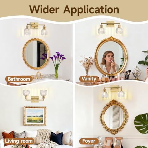 Image of Vintage Bathroom Light Fixtures,2-Light Rustic Vanity Lights for Bathroom,Hallway,16.5 in Brass Vanity Lights,Tulip Light Fixtures for Mirror with Clear Tulip Glass Shade for Bedroom,E26 Base