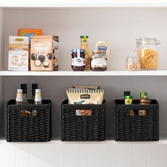 joybest Wicker Storage Baskets, Set of 2 Hand-Woven Paper Rope Wicker Baskets for Organizing, Foldable Rectangular Storage Organizer Bins for Shelves with Built-in Handles 13.4L x 8.3W x 7.1H Black