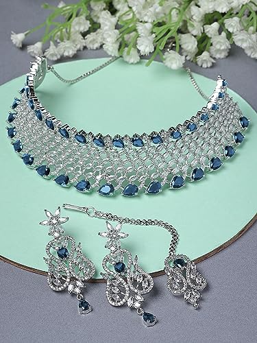 Image of Karatcart Light Green American Diamond Silver Plated Choker Necklace Set for Women