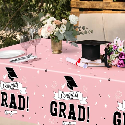Image of 2 PCS Graduation Tablecloth, 108 inch X 54 inch Pink Graduation Decorations 2026, Disposable Plastic Tablecover for Class of 2026 Congrats Grad, Rectangle Table Covers for Grad Decor Party Supplies for Kids