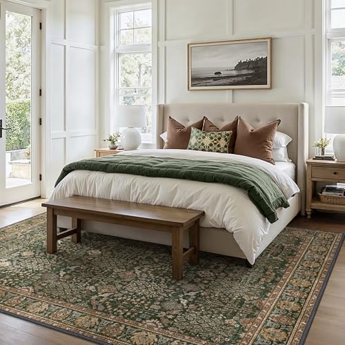 Image of Bavni Washable Rugs 8x10-Machine Washable Rug Lightweight Low Pile, Vintage Floral Rug Non-Shedding Distressed Throw Carpet for Living Room Bedroom Office, Dark Green /Multi
