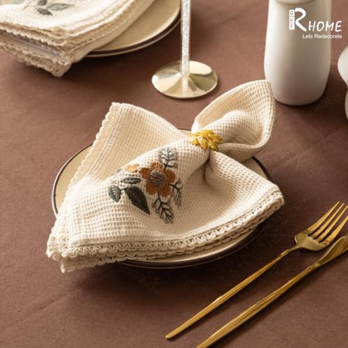 Image of R home Honeycomb Sunflower Embroidered Cotton Napkins with Lace, Set of 6, 16x16 Inch, Reusable Machine Washable Dinner Napkins for Dining Table, Lunch, Parties, Restaurants, Cafes & Home Decor