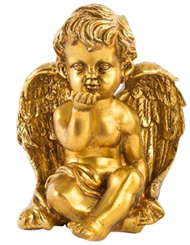 Figurine Statuette Ange doré Assis - 13,5 cm (Ange Main Devant Bouche)