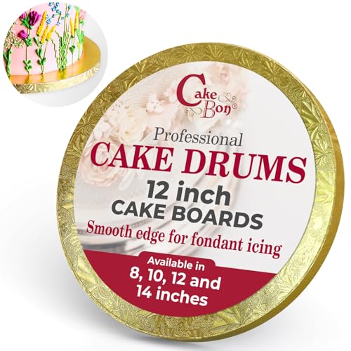 Cakebon Round Cake Boards - Sturdy 1/2 Inch Thick Drums - 12 Inch Professional Smooth Straight Edges Gold 3-Pack
