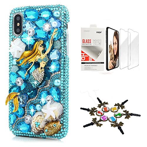 STENES Sparkle Case Compatible with Samsung Galaxy S24 Ultra 5G - Stylish - 3D Handmade Bling Mermaid Starfish Shell Crystal Rhinestone Glitter Design Cover Case with Screen Protector [2 Pack] - Blue