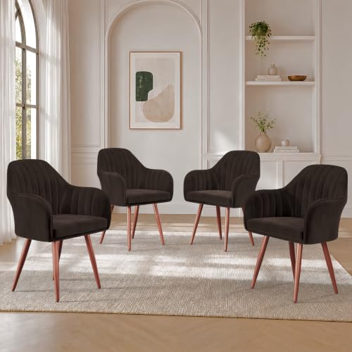 Image of Vergo Plush Velvet Dining Chair, Cushion Seat, Wooden Frame, Metal Legs, Premium Accent Chair for Living Room, Bedroom, Dining Room, Cafe & Restaurant (Set of 4, Dark Brown)