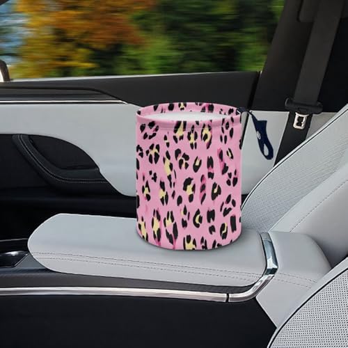 Image of Pink Leopard Print Car Trash Can, Cute Car Trash Bag, Vehicle Trash Can, Multipurpose Trash Bag Hanging, Portable, Waterproof Storage Bag for Cars