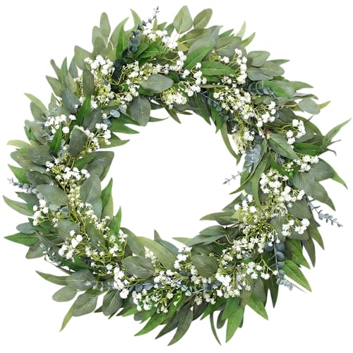 Teyva Daily 32 Extra Full Eucalyptus Wreath for Front Door Realistic Babys Breath Greenery Wreath Year-Round Farmhouse Decor for Indoor Outdoor Porch Entryway & Wall Wedding Home Accent
