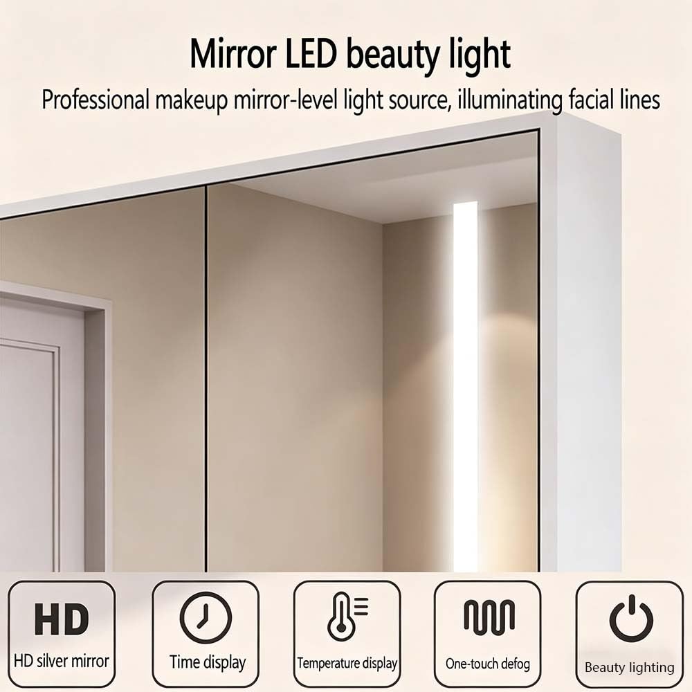 Armadietto da bagno con specchio illuminato a LED con antiappannamento, organizer bianco, dimensioni standard 140 x 13 x 80 cm, design moderno per bagni eleganti, soluzione salvaspazio