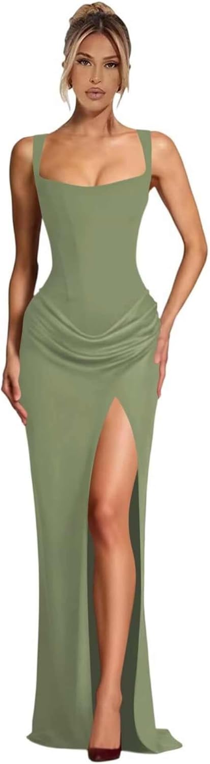 Spaghetti Straps Satin Prom Dresses for Women 2026 Pleated Bridesmaid Dress Square Neck Formal Evening Gowns