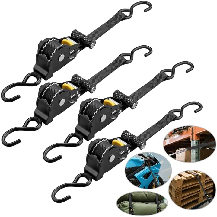 eSynic 4 Pack Durable High Tenacity Polyester Retractable Ratchet Strap Load Capacity Up to 1500lbs 3.3M/130 Inch Long Auto Ratchet Straps Self Retractable Tie Down Straps for Ford Truck Boat etc