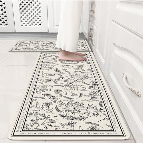 Beige Minimalist Black Line Art Herb Leaves Kitchen Rug Sets [2 PCs], Anti-Fatigue, Waterproof Non-Slip Kitchen Mats Heavy Duty Comfort Foam Rug for Kitchen, Floor, Laundry,17'x29'+17'x47'