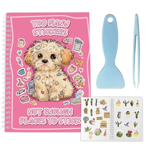 CRASPIRE Álbum de Pegatinas Reutilizable Tamaño A5 40 Hojas Organizador de Pegatinas para Perros Y Cachorros para Adultos con Pinzas Y Raspador de 83 x 58,(6) cm
