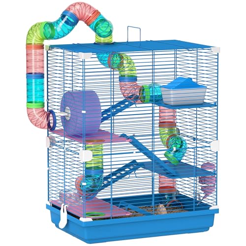 PawHut Cage pour Hamster Rongeur 4 étages avec Tunnels mangeoire Roue Maison échelles dim. 46L x 30l x 58H cm Bleu