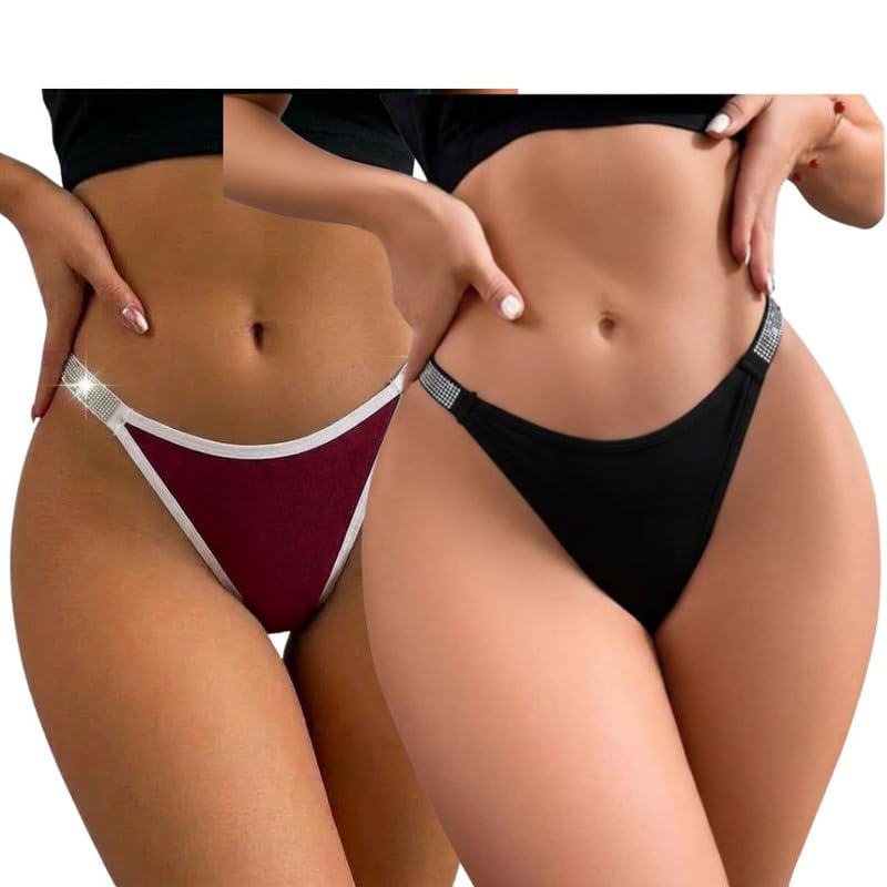 Women Glitter Sexy Panties Cute Shine Strap G String Thong Lingerie Studded Brazilian Panty Seamless Underwear Pack of 2 (Black-Maroon)-image-40