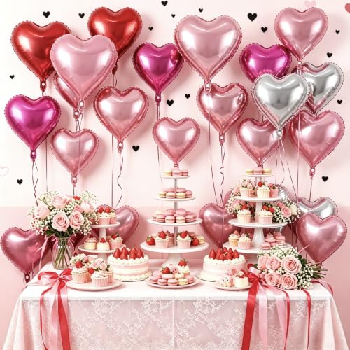 Image of 50 Pcs Red Pink Silver Rosered Heart Balloons,5 Inch and 10 Inch Heart Foil Balloons Love Balloon Valentine Balloon for Birthday Party Wedding Engagement Party Baby Shower Valentine Day Decorations