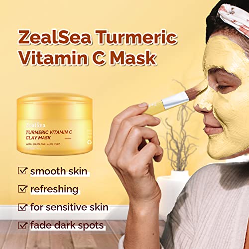 Zealsea 4.23 Oz Turmeric Clay Mask With 50% Organic Aloe For Dark Spots, Brighten, And Refining Pores, Face Mask Skin Care With Vitamin C Sensitive Skin - Includes Brush And Konjac Facial Sponges #TOP1