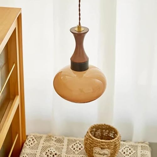 Miniatura 6 de Orange Gradient Glass Pendant Light Mid Century Vintage Wood Chandelier Height Adjustable Ceiling Hanging Lighting for Bedroom Hallway Living Room