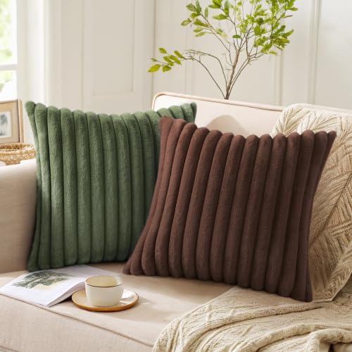 Image of Pallene Faux Fur Plush Throw Pillow Covers 26x26 Set of 2, Luxury Soft Fluffy Striped Decorative Pillow Covers for Sofa, Couch, Living Room, Dark Brown