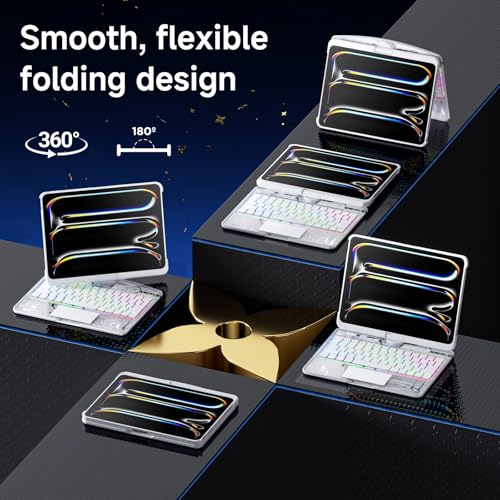 Image of Clear Wireless Keyboard Case for iPad Pro 13 Inch M5 /M4 2025 /2024 with Pencil Holder & Multi-Touch Trackpad, Visible PCB High-Tech Style, 3-Brightness & 7-Color Backlight, 360 Rotatable,White