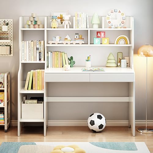 Image of Kids Desk Kids Table with Drawers and Bookshelf Wooden Kids Media Desk Student Learning Computer Workstation and Writing Desk (White)