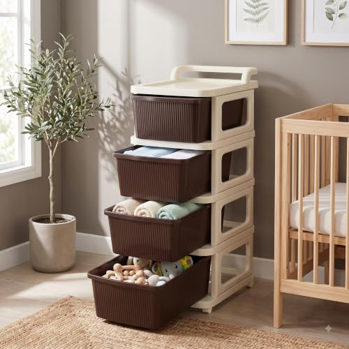 Image of Heavy Duty Plastic Storage Drawer with Wheels | Modular Cabinet for Bedroom, Office, Home or Classroom| Chest of Drawers Organiser for Cosmetics, Kitchen items, Toys (Brown, 4)