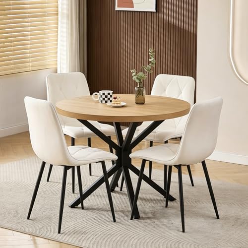 Image of Rainbow Tree Large Round Dining Table and Chairs Set 4, 95cm Wooden Kitchen Table and 4 Diamond Tufted Chairs for Dining Room, Space Saving Dining Table Set