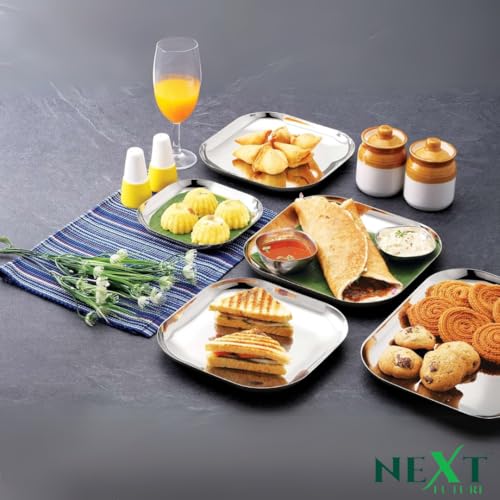 Image of Next Future Stainless Steel Breakfast /Lunch /Dinner Plate Set of 6 with High Shiny Polish (Heavy Gauge) Medium Size Square Plates - Diameter: 8 Inches / 21 cms