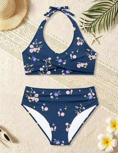 Image of WIQI Girls Swimsuit Bikini Set 2 Piece Bathing Suits Color Block Criss Cross Swimwear Size 9-16