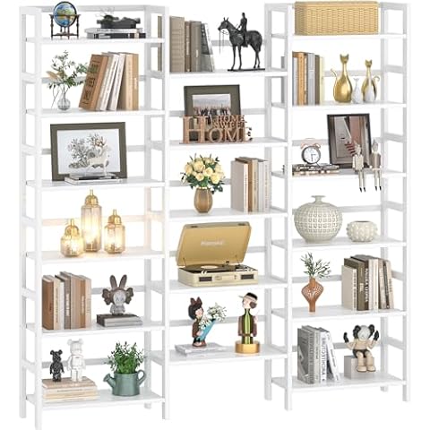 Homykic Bamboo Triple Wide Shallow Bookshelves and Bookcases, 6-Tier 6ft Tall Bookshelf with 17 Open Display Shelves, Super Large Freestanding Book Shelf for Home Office, Bedroom, Living Room, White Cover