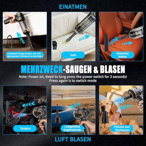 Handstaubsauger Akku Kabellos - 23000pa Auto Staubsauger Stark,Mini Staubsauger Für Auto,Pc,Haus,KüChe,Ritzen Und Ecken,Handsauger Akku Stark Saugend,Kann Als Luftpumpe u. Staubgebläse Dienen,6000mAh