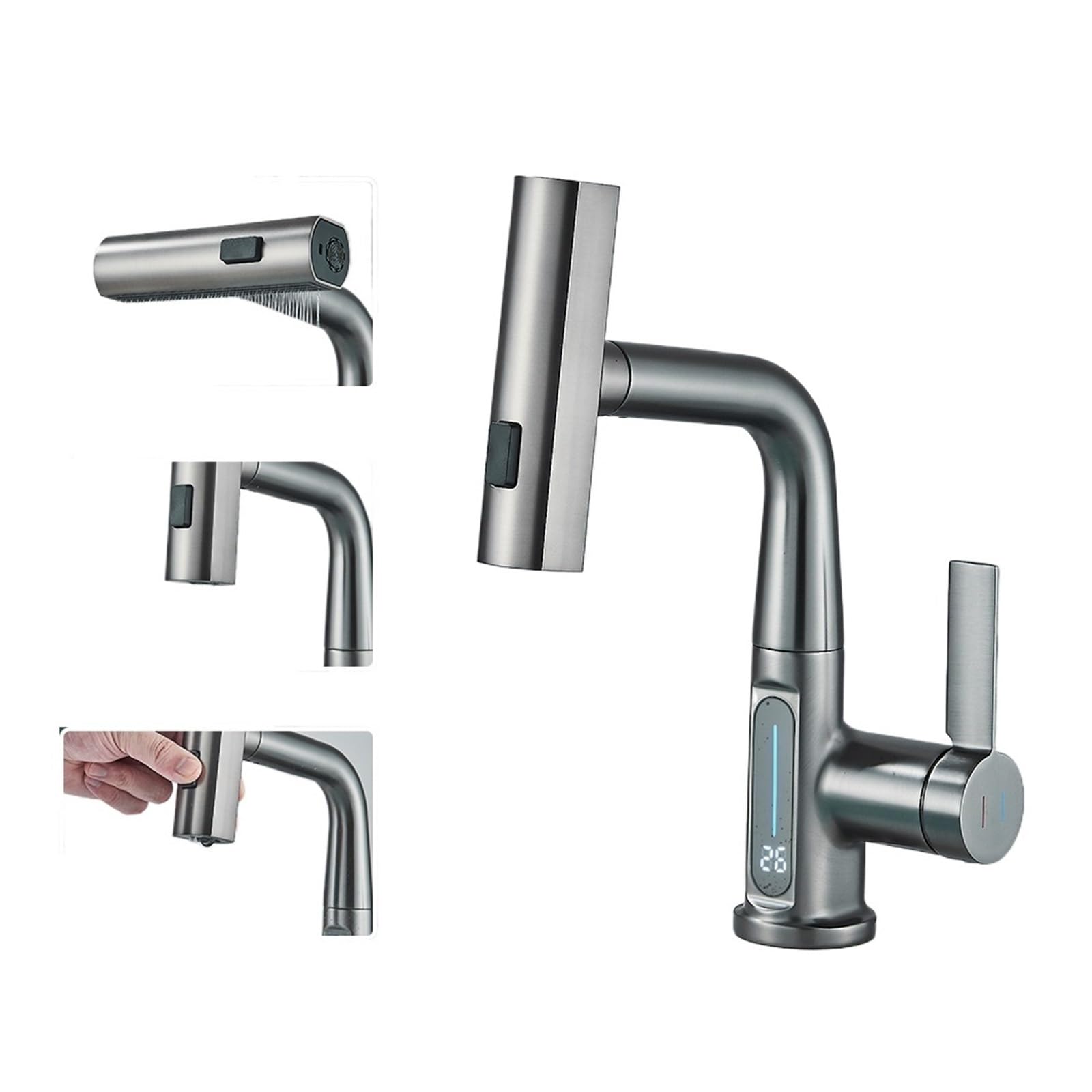 Jvddi Grijs Temperature Digital Display Basin Faucet For Bathroom Pull Out Waterfall Stream 3 Way Sprayer(Grijs)