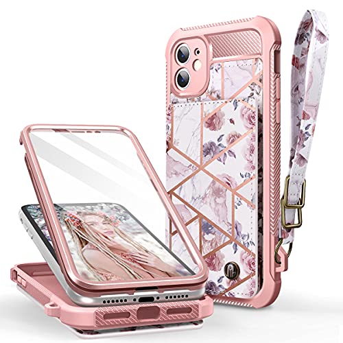 Dracool Compatible with iPhone XR iPhone 11 Wallet Case Flip Cover with Credit Card Holder Slots Screen Protector for Women Girls Leather Magnetic Strap Silicone Marble Floral Flower Rose Gold
