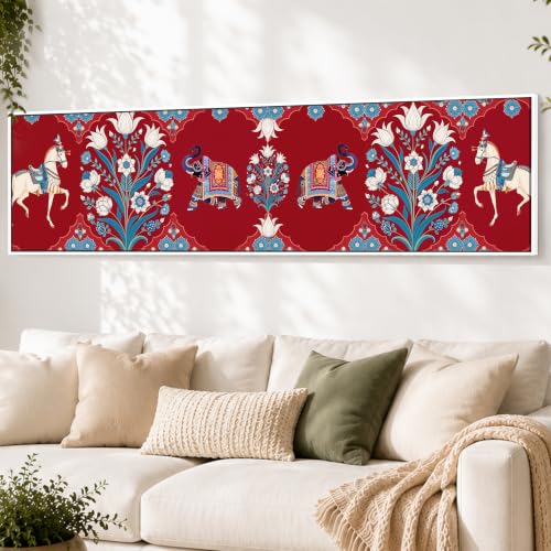 Image of Mughal folk Art Vibe Flower Canvas Framed Wall Art Painting For Living Room, Mughal-Inspired Elephant & Horse Painting With Frame Red Floral Ethnic Wall Art For Home & Office Decor, 13x47 Inch