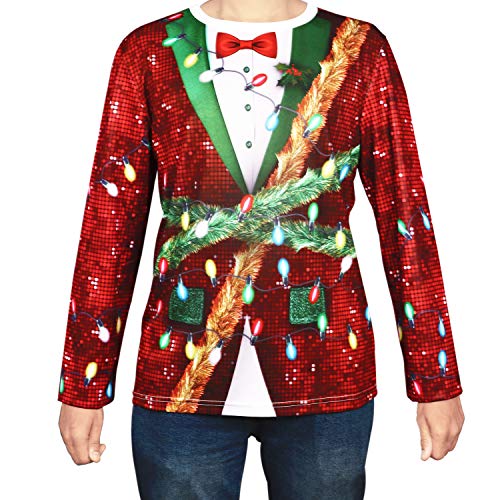BELLE VOUS Jersey Navidad Feo - Camiseta Estampado 3D Grande Diseño con Moño, Oropel y Luces de Navidad - Camiseta Navidad Mangas Largas Suéter Fiesta Navideña, Disfraz Navideño