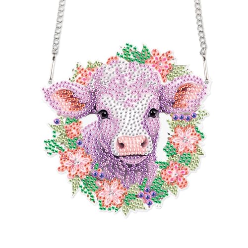 Image of Cow in Floral Wreath Diamond Painting Hanging Kit, DIY 5D Acrylic Rhinestones Diamond Art Pendant, Animal Diamond Art Ornament for Wall, Window, Door, or Home Decoration, Handmade Gift for Adults