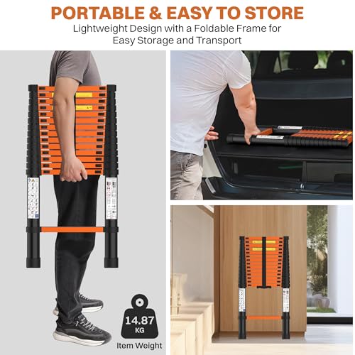 Image of BonKaso Telescopic Ladder, 4.4m / 14 Ft, 15 Steps - Heavy-Duty Foldable Alloy Steel Ladder | Anti-Slip, 150kg Load Capacity, Rustproof & EN131 Certified - Matt Black & Orange