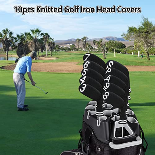 Lefeng 10Pcs Knitted Golf Iron Head Covers 3-9/A/P/S Set - Lightweight And Durable Material - Multiple Patterns Golf Club Head Covers - Fit Well For Callaway Ping Taylormade Cobra Etc.(Black) #TOP6