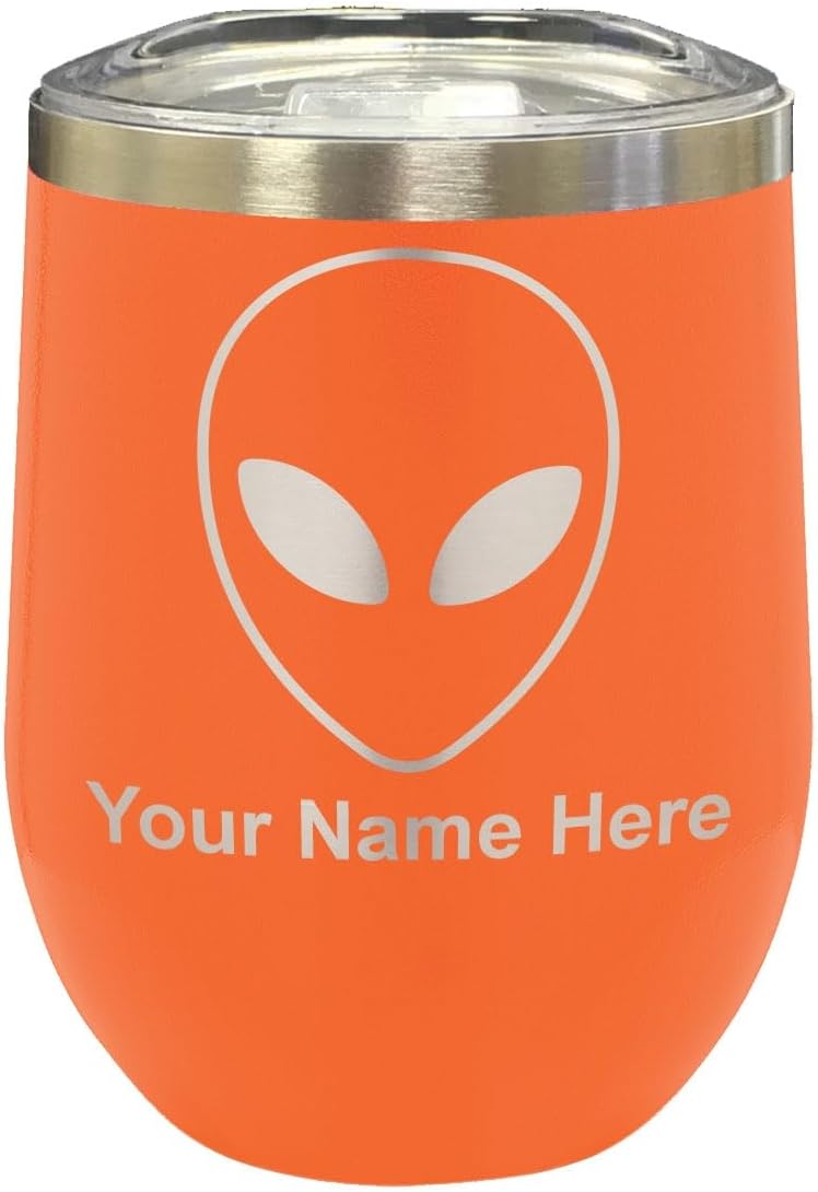 LaserGram 16oz Double Wall Stainless Steel Wine Glass Tumbler, Alien Head, Personalized Engraving Included (Black)