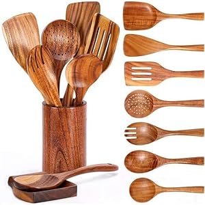 9 PCS Wooden Spoons for Cooking, Teak Wood Utensils for Cooking with Utensils Holder, Teak Wooden Kitchen Utensils Set