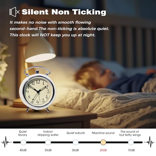 Image of AYRELY 4 inch Super Loud Alarm Clock for Heavy Sleepers, Desk Clock with Built-in Metal Bell, Silent Analog Table Clock with Night Light for Bedroom, Bedside, Office, Kitchen (Bright White)